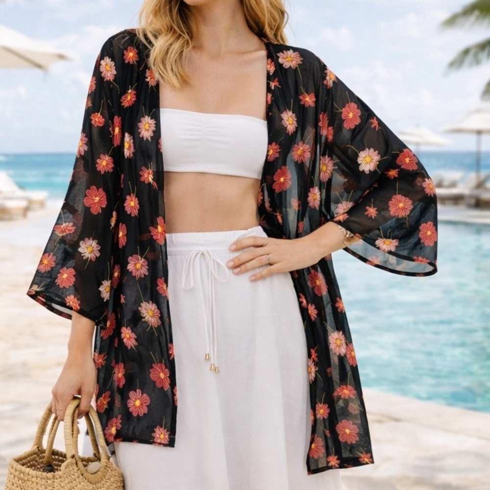 Homegirl Society Sheer Floral Kimono Cover-Up Black & Coral OS